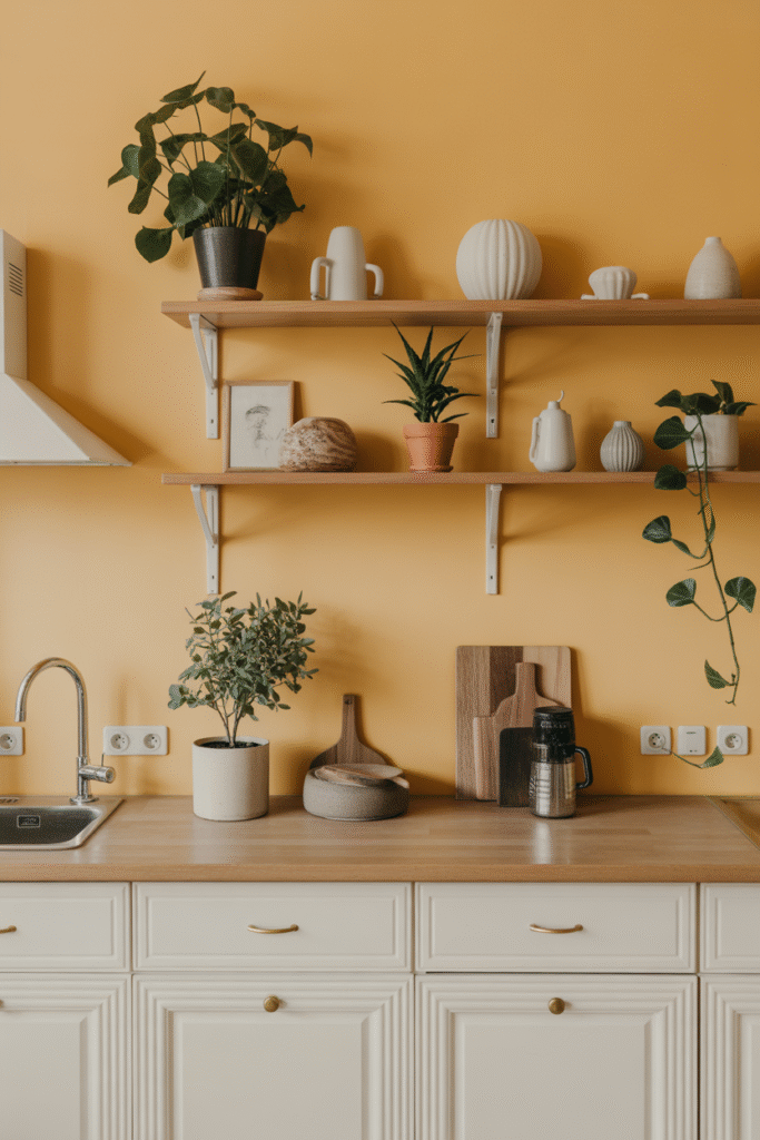 Warm, playful mustard-toned kitchen wall with bright natural details.