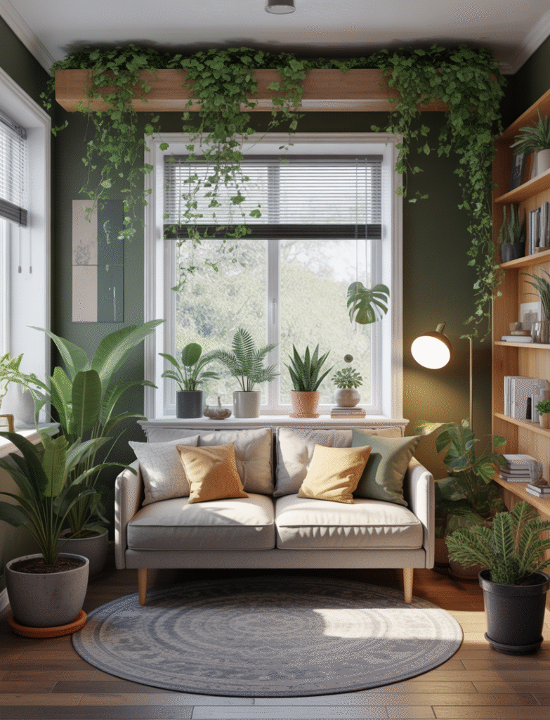 Home office corner featuring a couch surrounded by potted plants and hanging greenery, providing a calming and nature-filled space to relax and focus.