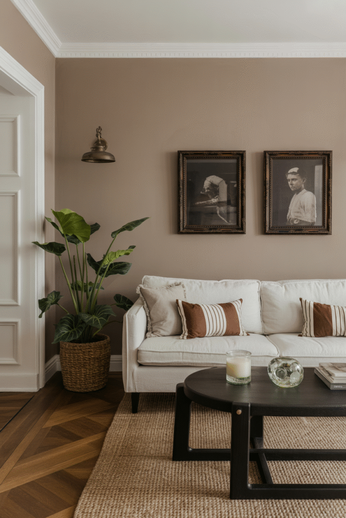 Calm taupe-painted room with minimalist styling and contrast details.