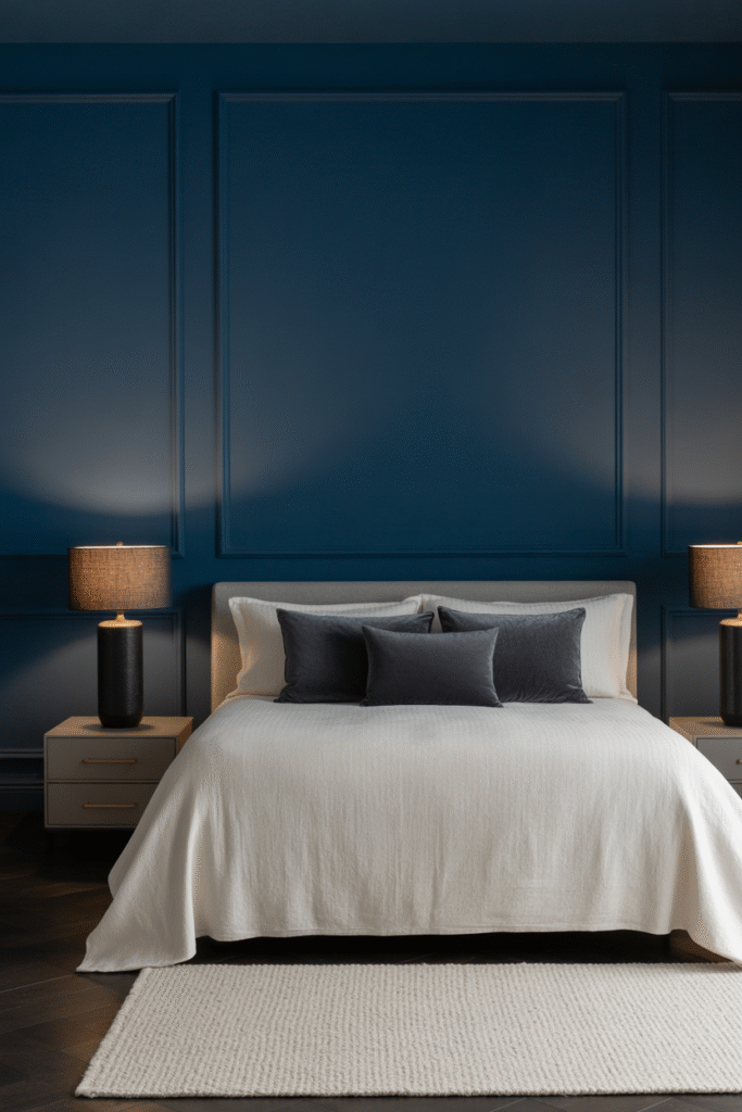 Moody, dramatic bedroom with near-black walls and metallic accents.