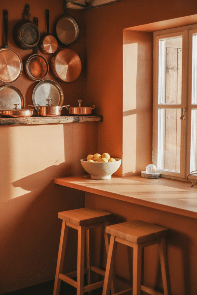 Earthy kitchen featuring terracotta tones and rustic natural elements.