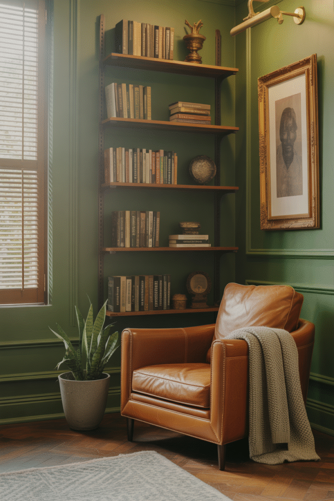 Intimate reading space with rich green walls and vintage charm.