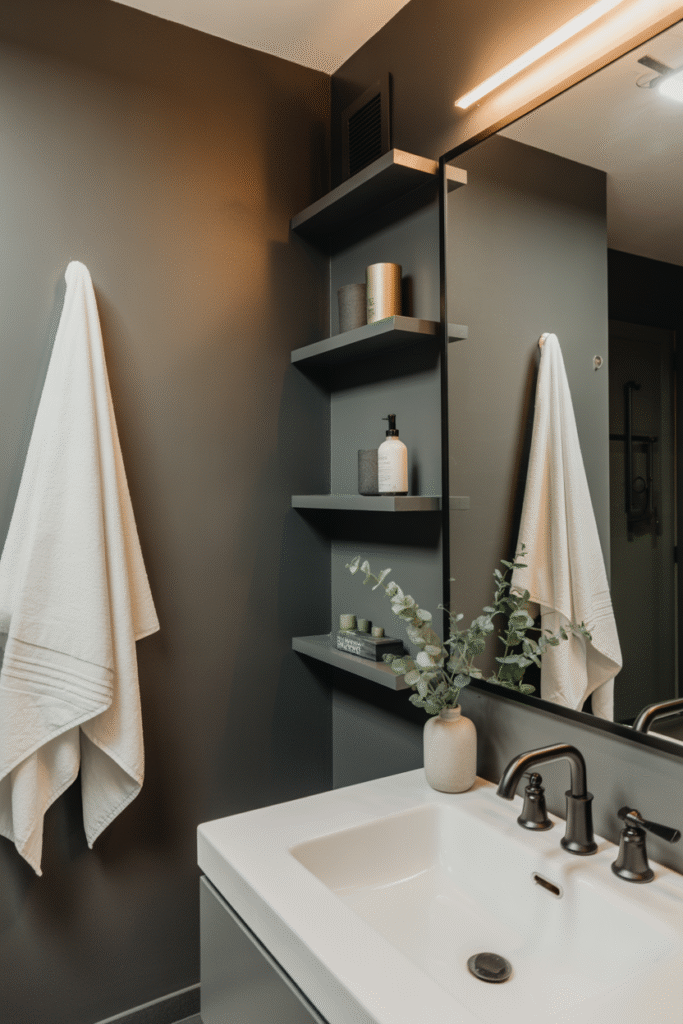 Chic small bathroom with dark graphite tones and clean lines.