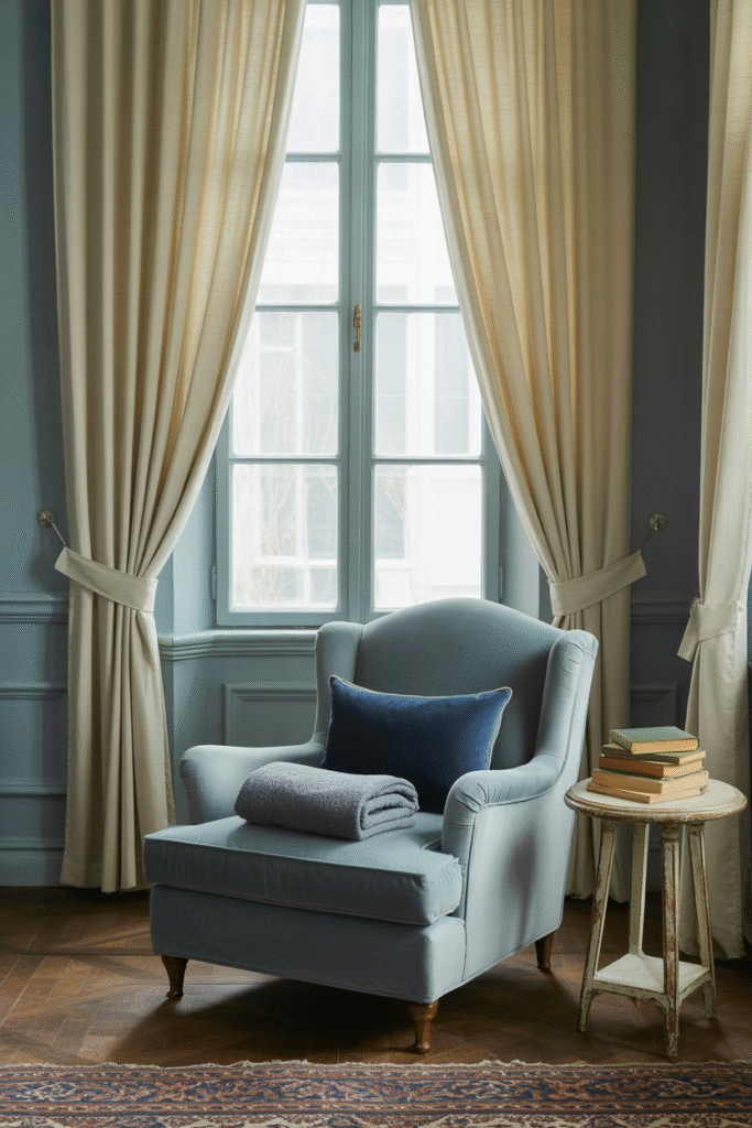Cozy corner wrapped in muted blue with soft, layered textiles.