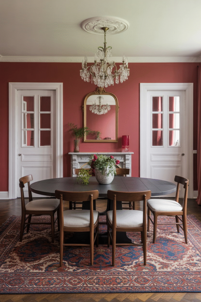 Rich red dining area with elegant contrast and vintage styling.