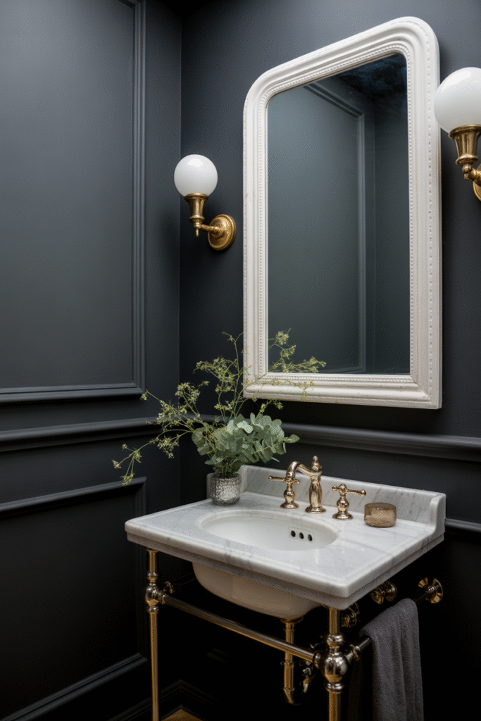 Elegant black-walled bathroom with balanced light and classic touches.
