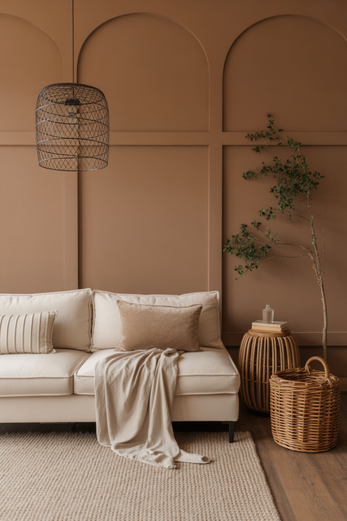 Warm, grounded den in rich brown tones with layered cozy textures.
