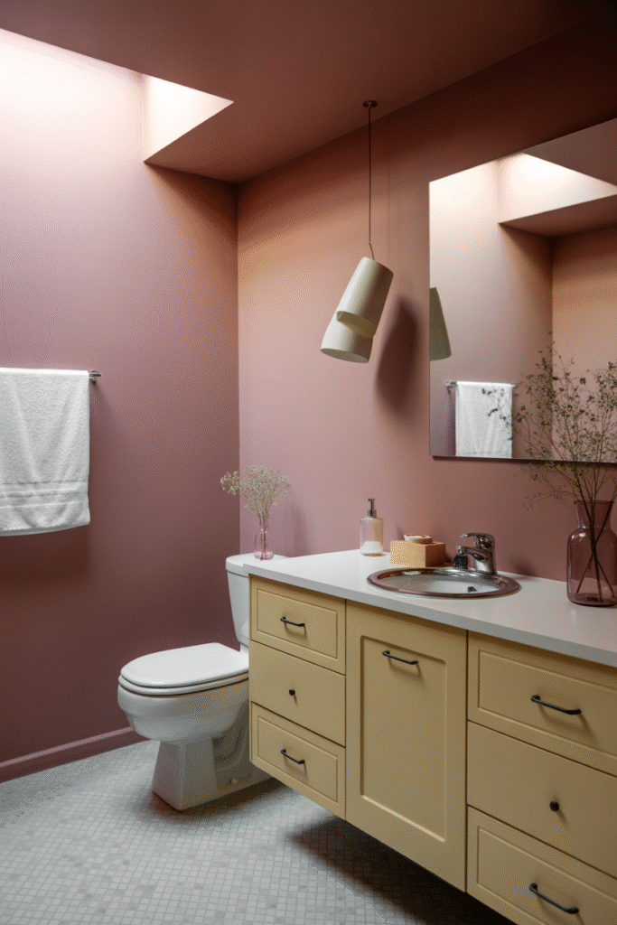A serene, small bathroom with soft mauve walls and neutral decor.