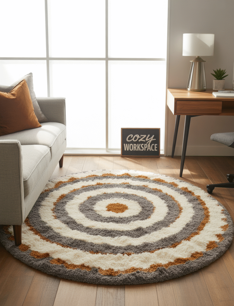 Home office with a patterned accent rug placed under a couch, defining the seating area while adding color and softness to the room.