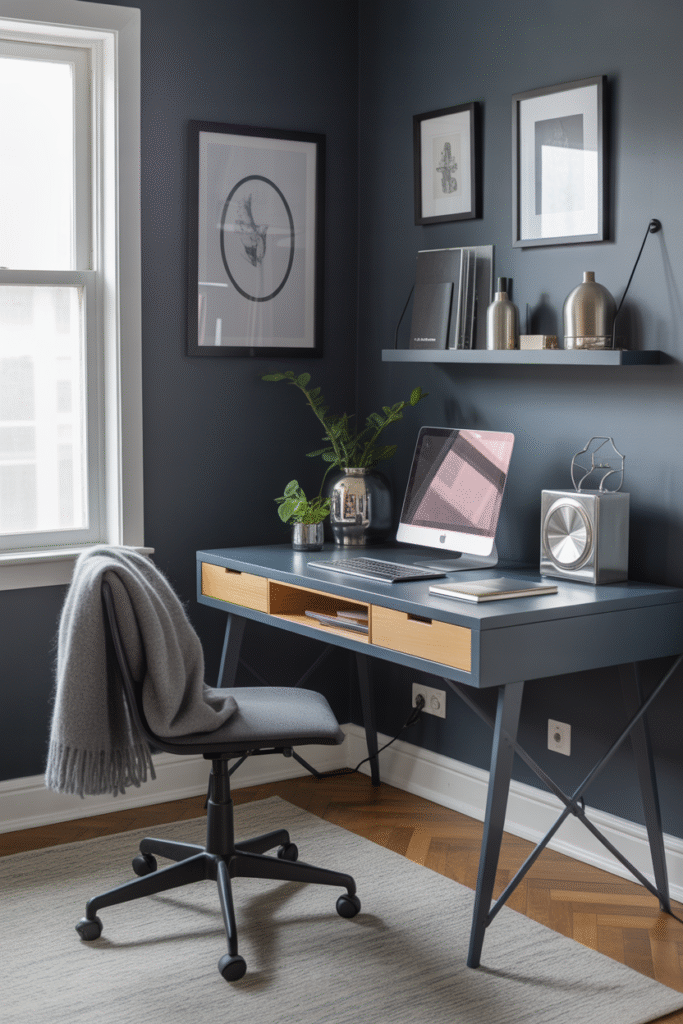 Moody blue-gray room with elegant metallic and cozy accents.