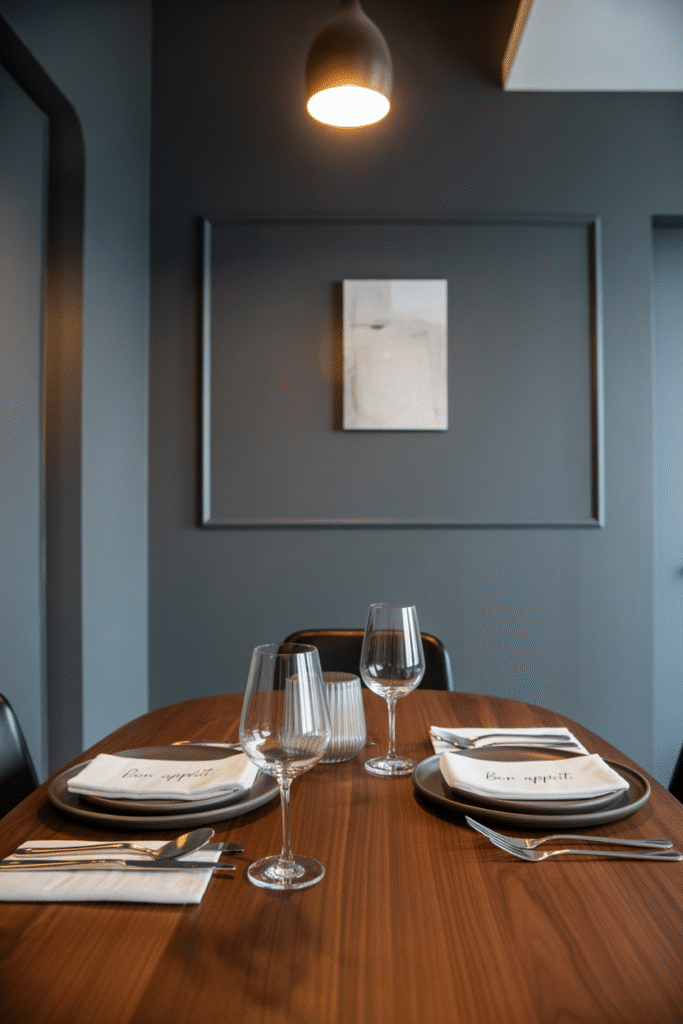 Dining room with charcoal gray walls and warm wood tones, creating a sophisticated mood.