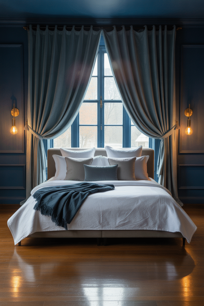 Deep navy bedroom with white linens and brass accents for timeless elegance.