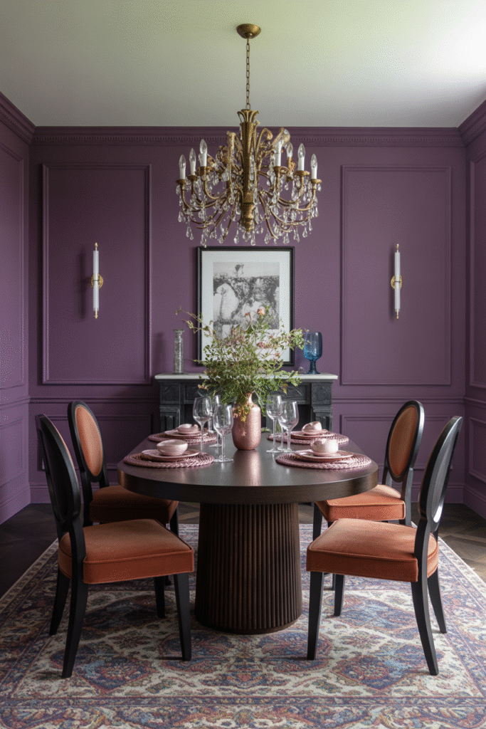 Dramatic plum dining space featuring vintage elegance and soft lighting.