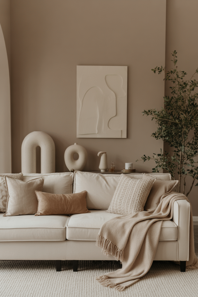 Calm taupe living space layered with warm neutrals and cozy textures.