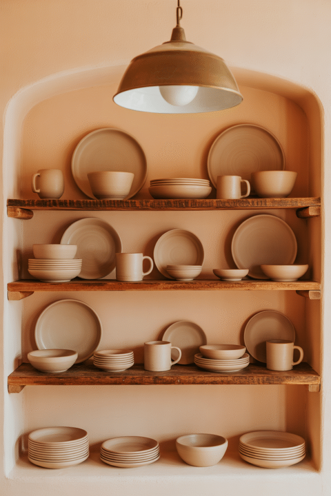 Earthy terracotta kitchen with natural textures and a vintage vibe.