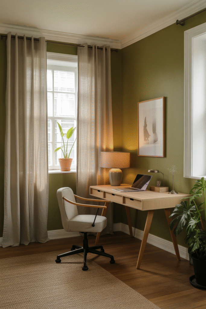 Olive green office with cozy textures and warm, natural elements.