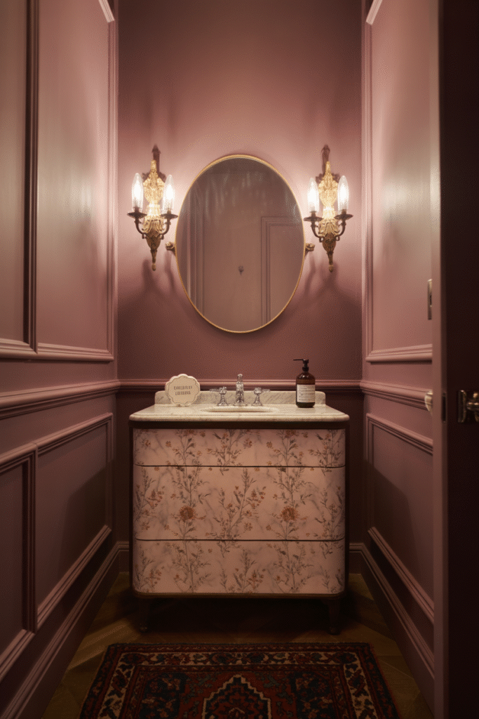 Sophisticated aubergine-toned bathroom with warm metallic accents.