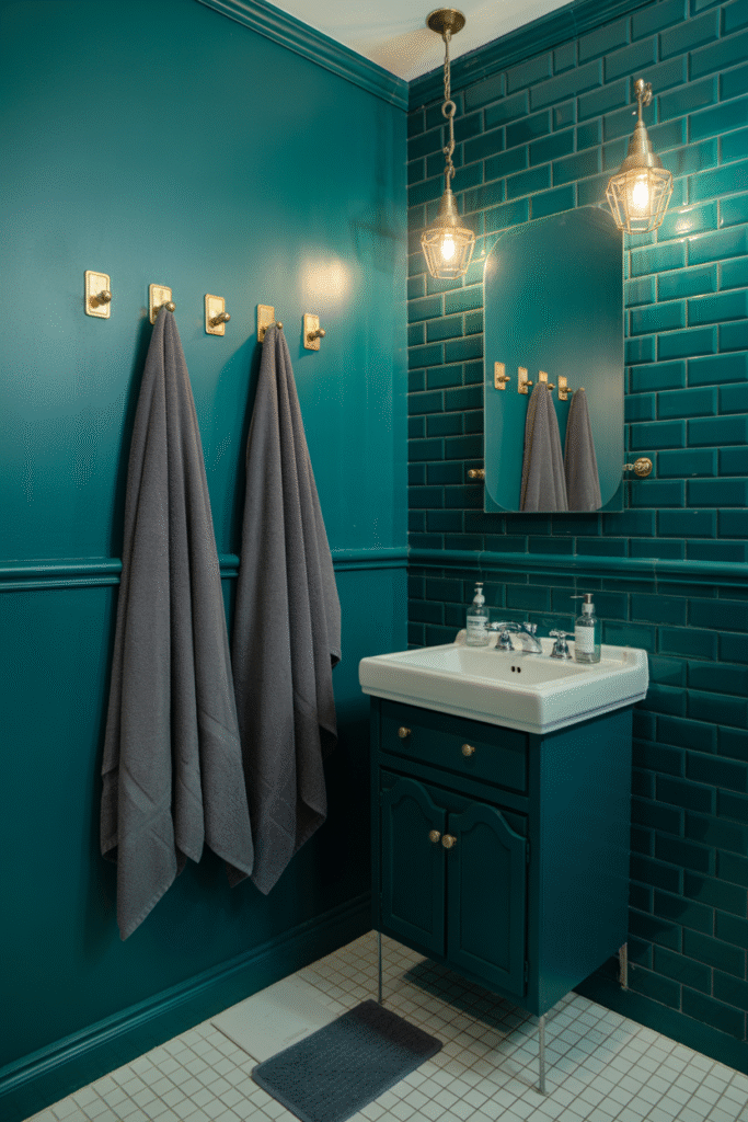 Bold teal bathroom with rich color and minimal styling.