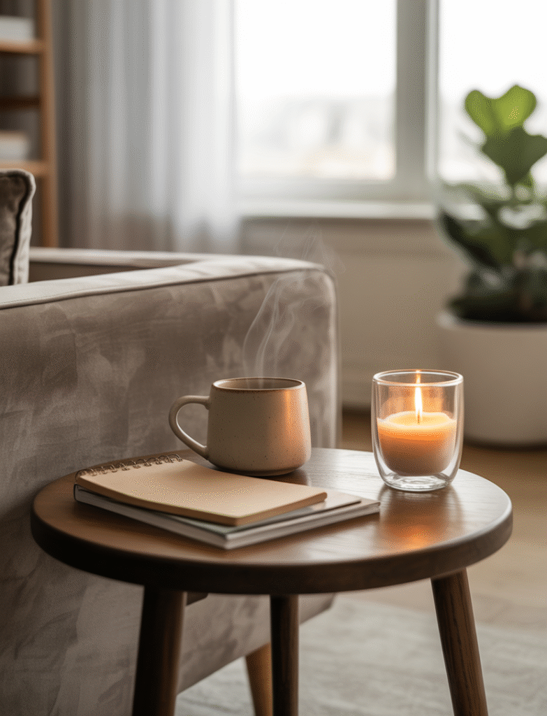 Cozy home office with a small side table next to a couch, holding coffee, notebooks, and a candle, offering functionality and a comfortable break space.