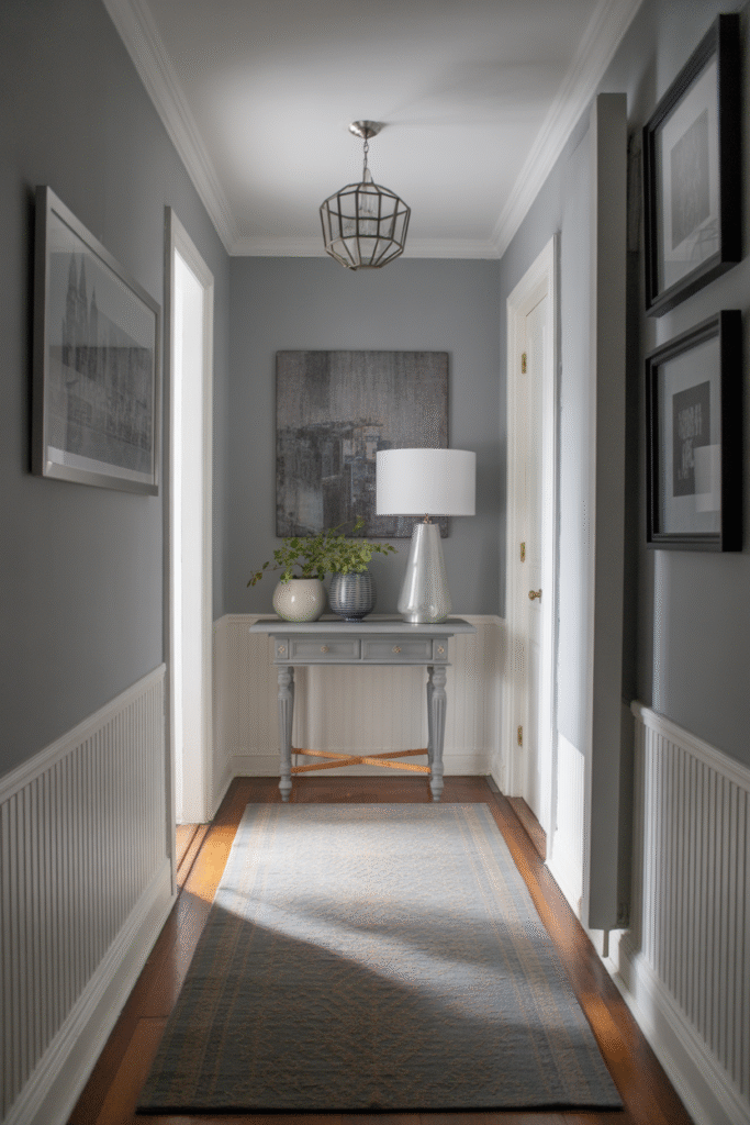 Modern hallway with muted pewter gray paint and subtle styling.