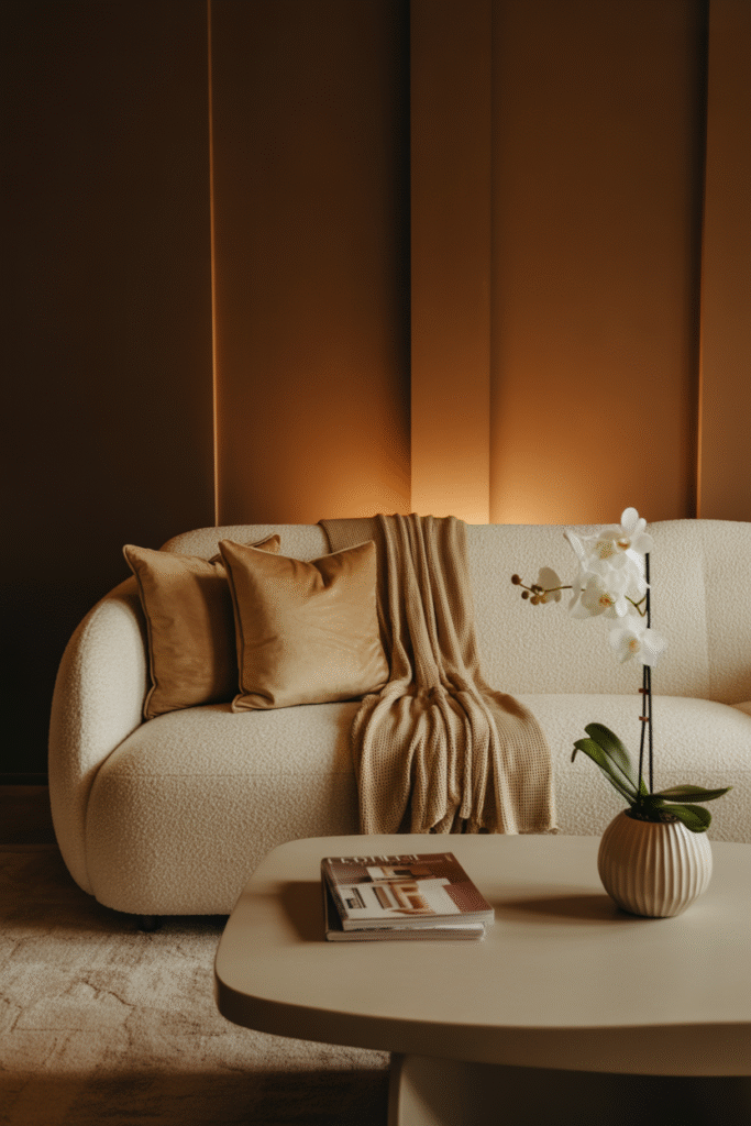 Warm brown living room with soft neutrals and elegant textures.