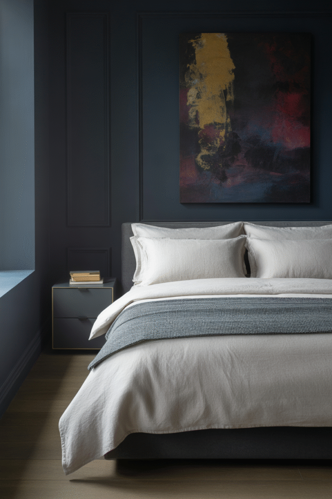 Dark, dramatic bedroom with deep inky walls and minimalist decor.