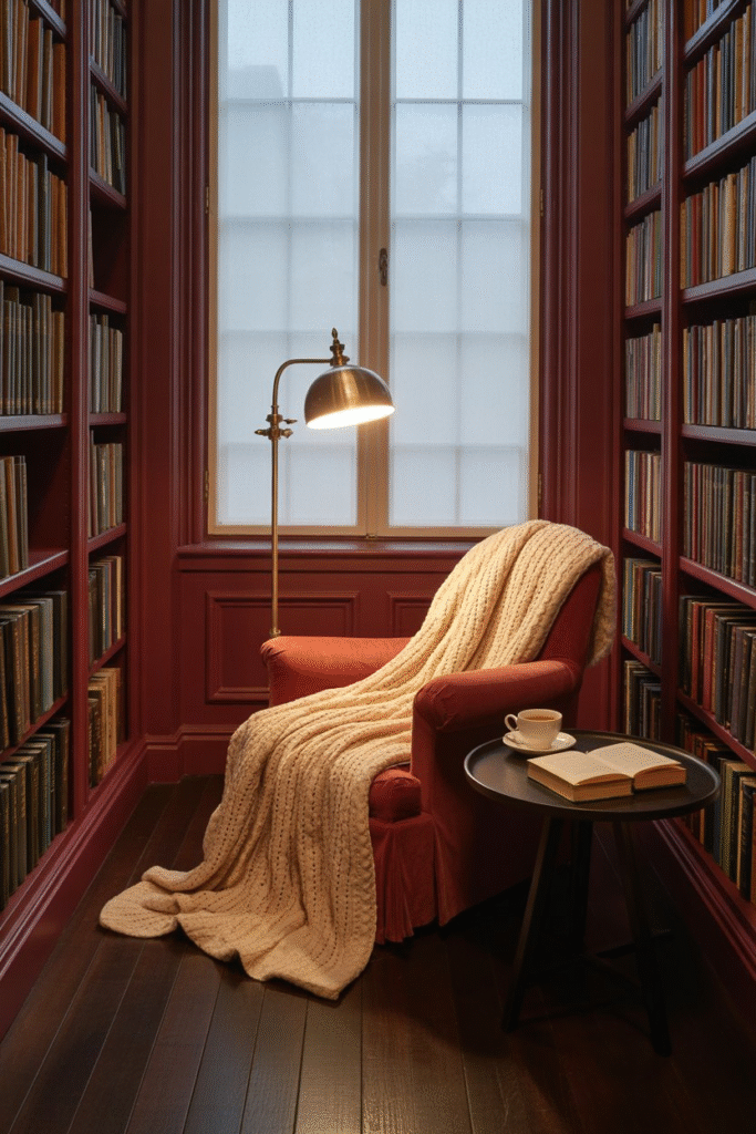 Library featuring moody burgundy walls and cozy, old-world styling.
