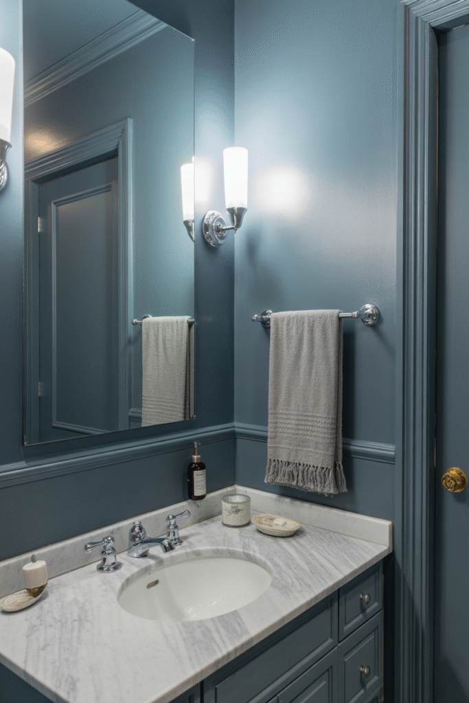 Blue-gray bathroom with a calm, modern aesthetic and silver accents.