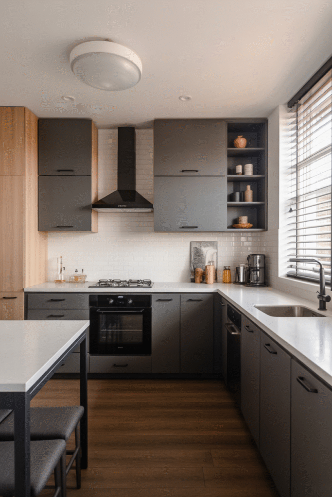 Graphite gray kitchen with sleek design and modern, cozy appeal.
