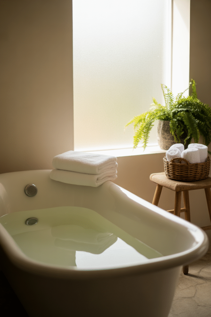 Bathroom with warm white walls and light-toned decor, creating a cozy, airy feel.


