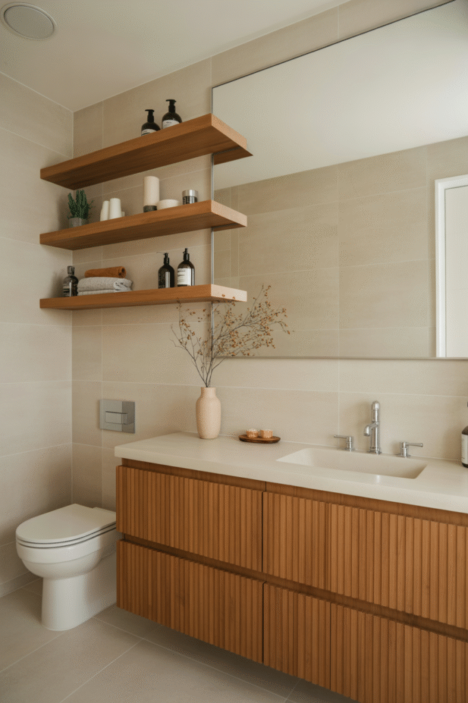 Neutral bathroom with natural wood details and soft beige accessories.


