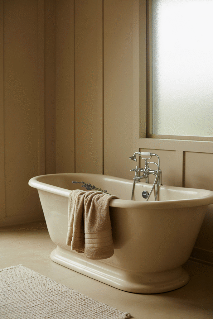 Soft beige bathroom with layered neutrals and relaxed spa ambiance.

