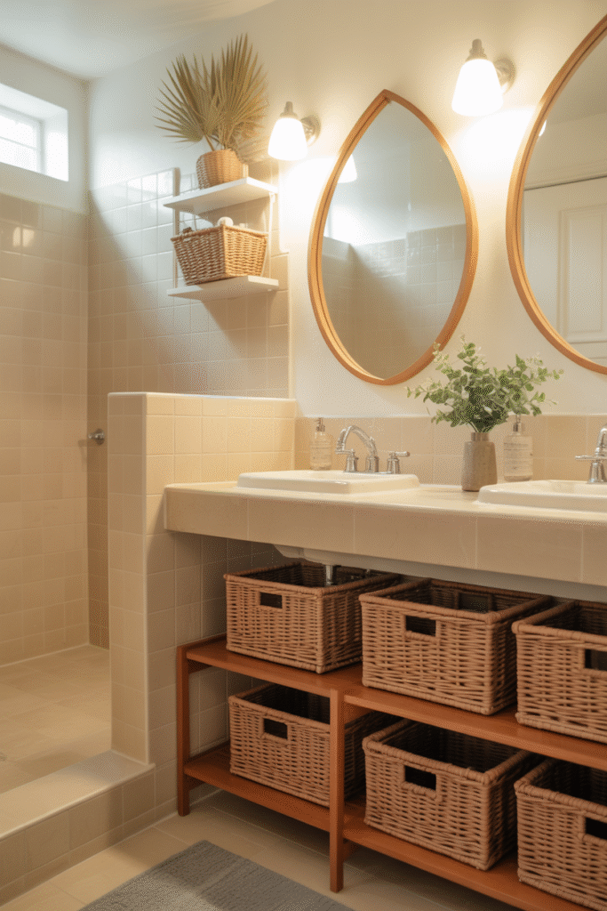 Bathroom featuring woven baskets and natural textures for warm, functional decor.

