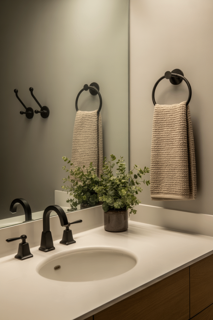 Matte black fixtures adding contrast to a soft, neutral-toned bathroom.

