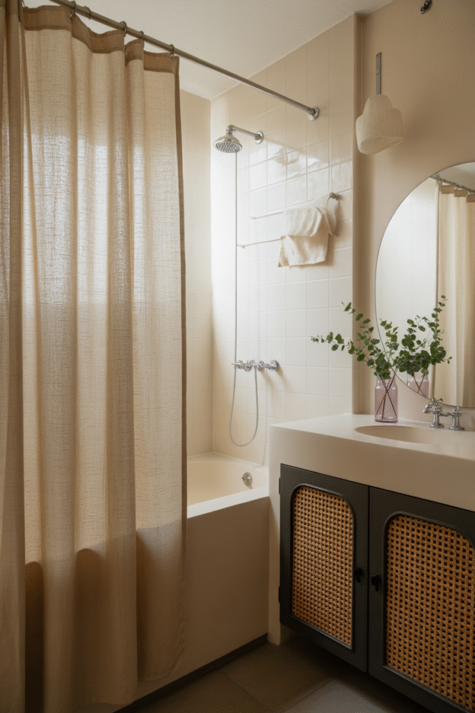 Soft neutral bathroom with airy linen curtain and cozy textures.

