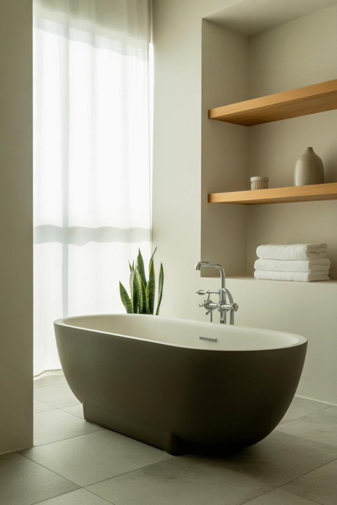 Bathroom with neutral decor and a touch of green for natural freshness.

