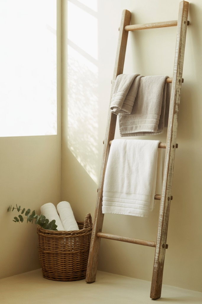 Neutral bathroom with wood ladder used as a towel rack for rustic charm.

