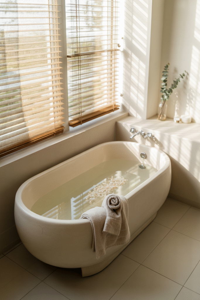 Natural woven shades adding warmth and texture to a calm bathroom.

