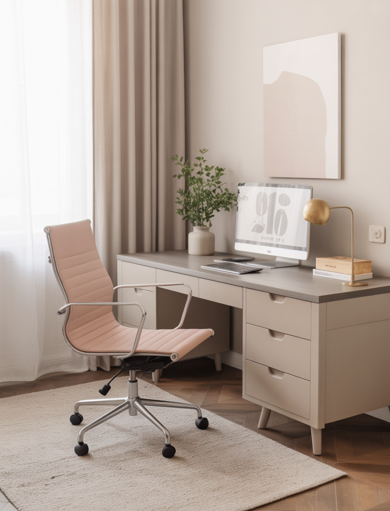 Modern office with a blush pink desk chair and a neutral rug in a bright, energetic space.