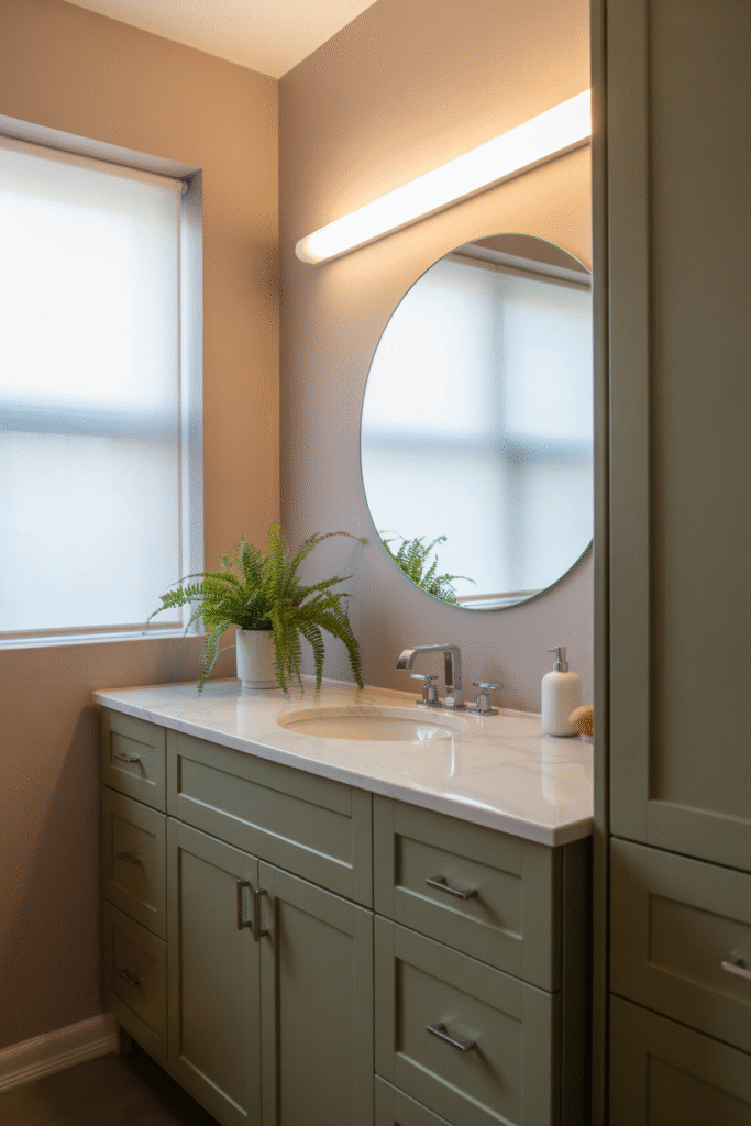 Light gray cabinets paired with neutral tones for a soft, modern look.

