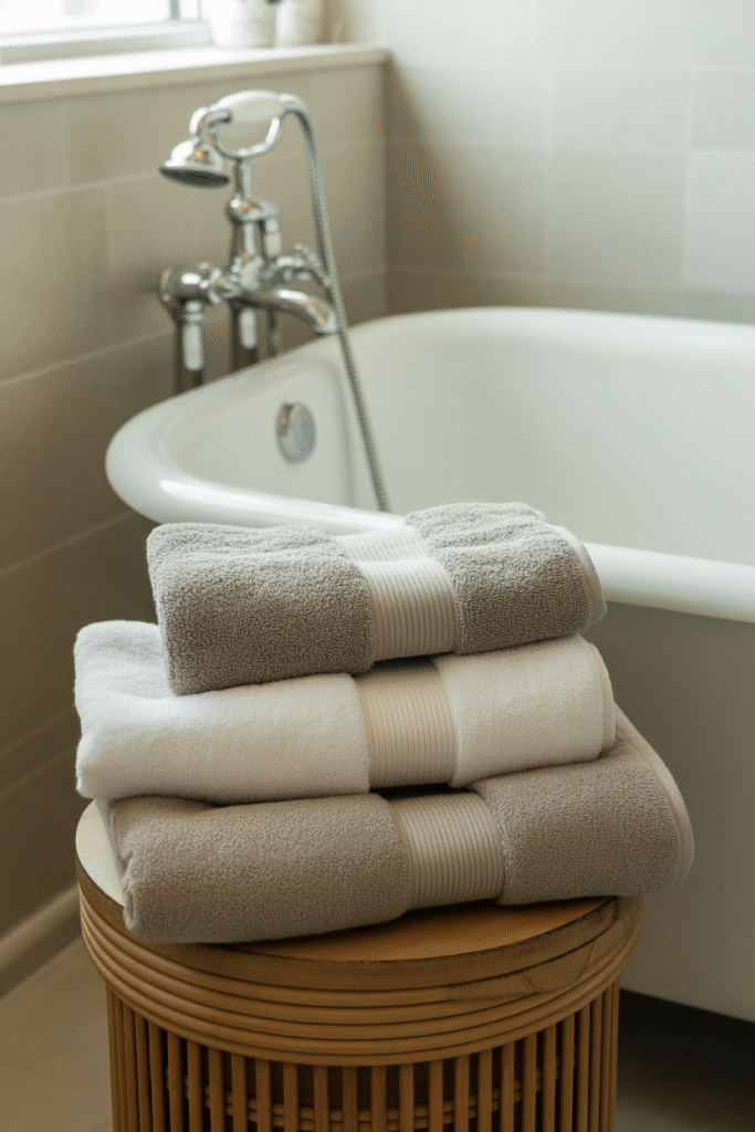 Neutral bathroom featuring luxurious towels in cream and light gray.

