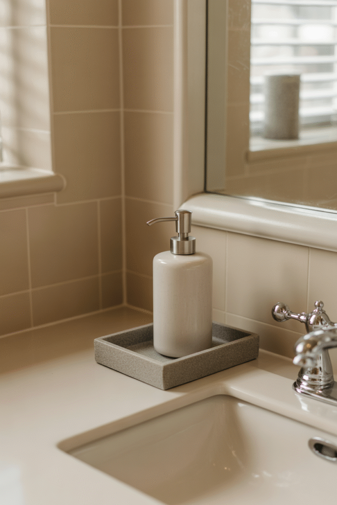Decluttered bathroom counter with simple, elegant neutral accessories.

