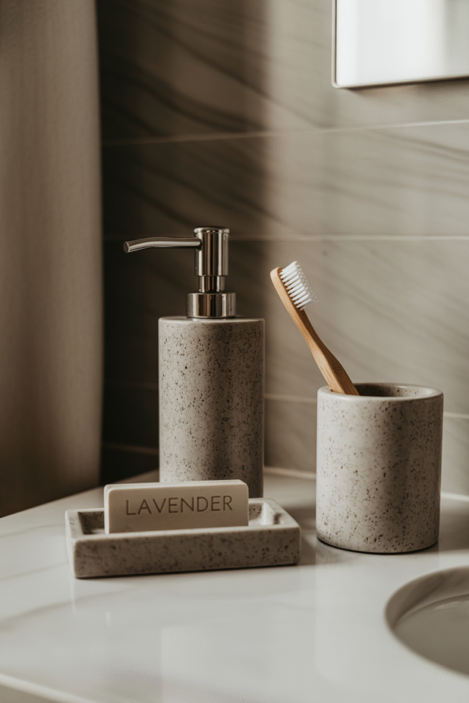 Stone accessories complementing a serene, neutral bathroom setup.

