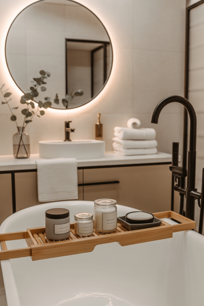 Clean, organized bathroom storage using glass jars for everyday items.