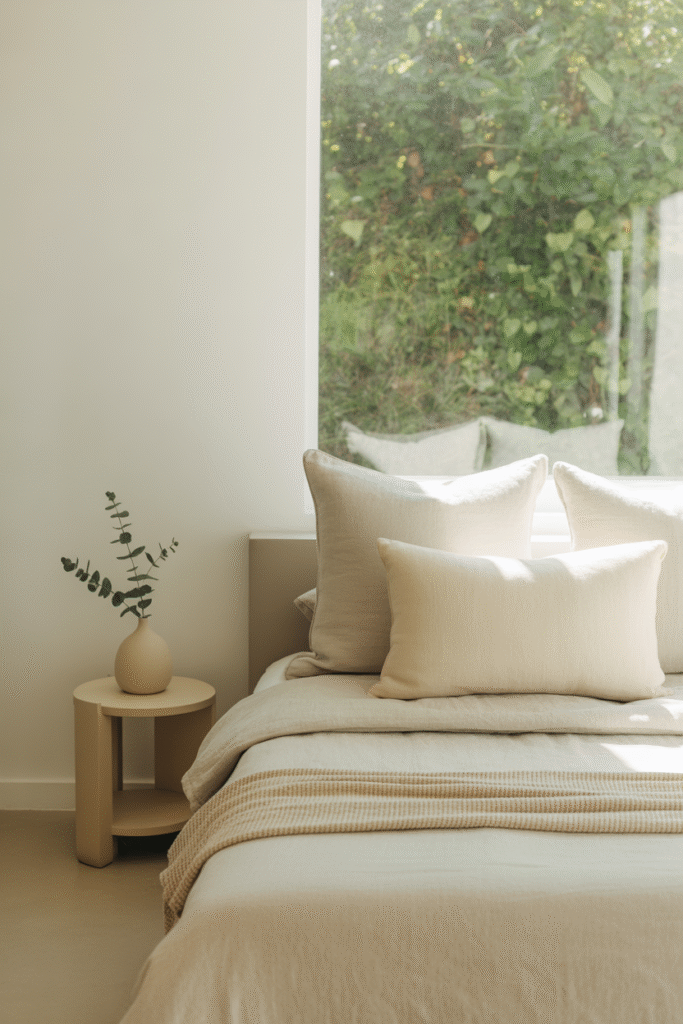 As a part of organic modern bedroom ideas on a budget this picture shows neutral-toned bedroom with white walls, minimal decor, and soft natural light.