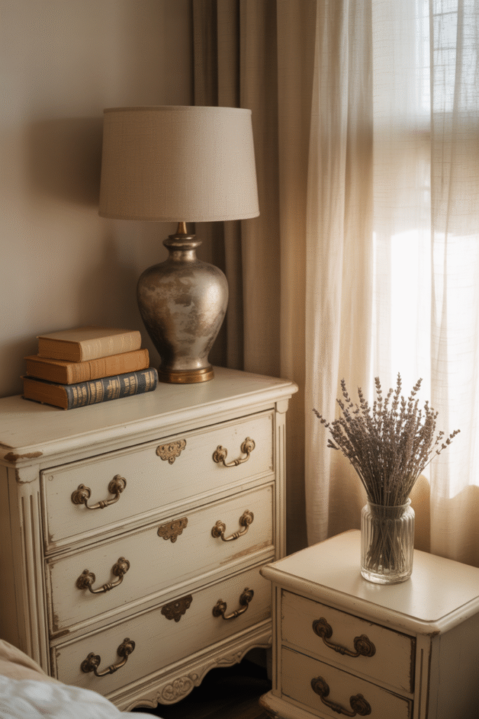 Thrifted wood furniture in a warm, neutral bedroom with cozy natural textures.

