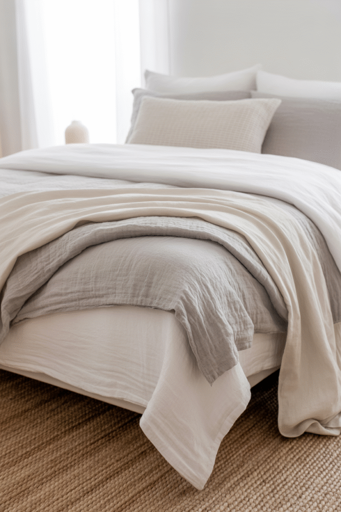 Neutral bedroom with layered natural fabrics and an inviting bed setup.

