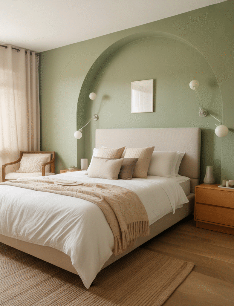 As a part of sage green bedroom ideas this picture displays bedroom with a sage green accent wall behind the bed, complemented by light wood furniture, white bedding, and soft textures for a calm and welcoming atmosphere.