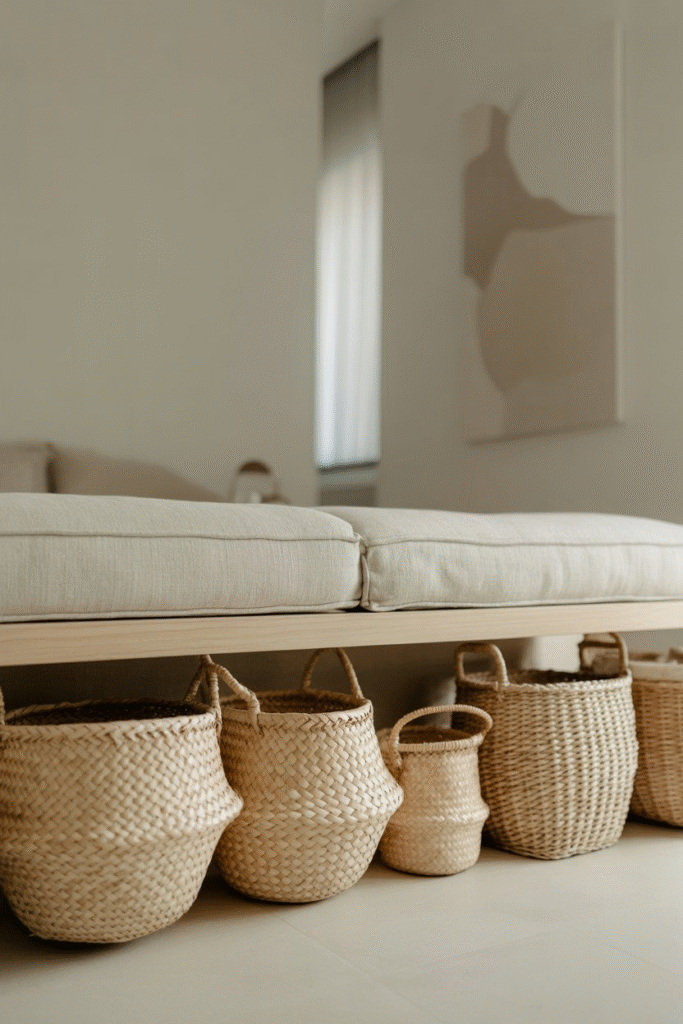 Woven storage baskets in an airy, organic modern bedroom.

