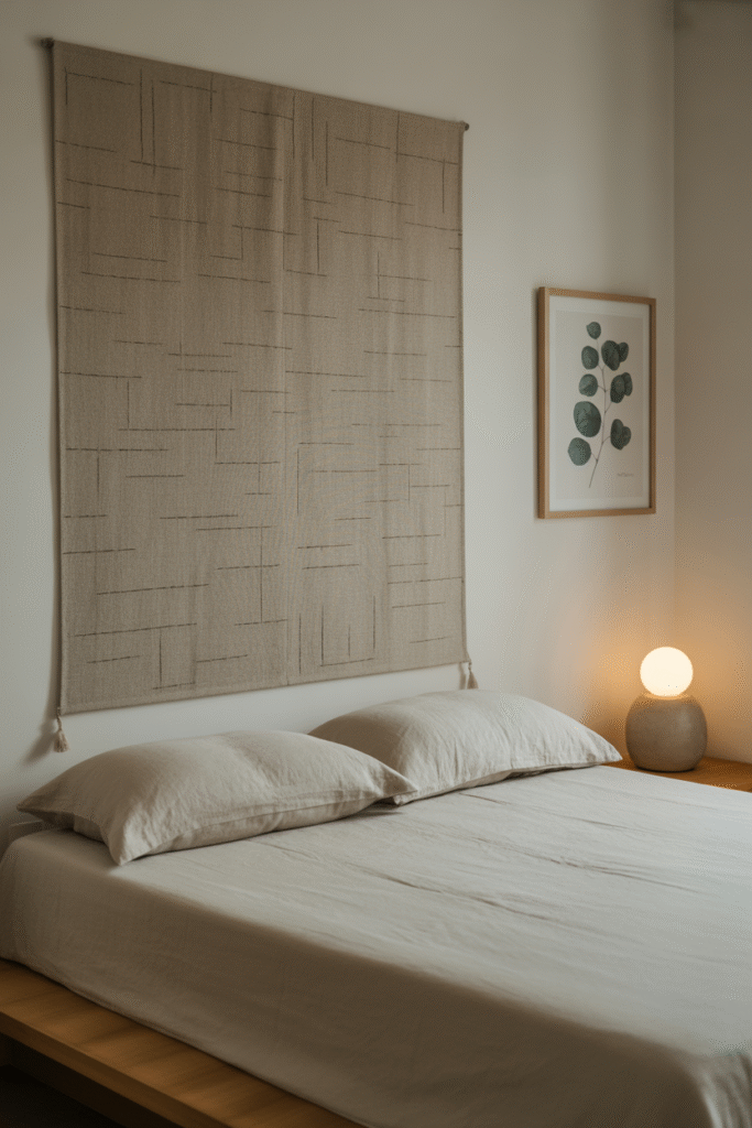 Neutral bedroom featuring simple DIY linen and nature-inspired wall art.

